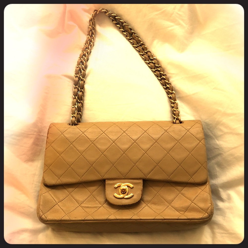 Auth tan quilted chanel medium double flap…